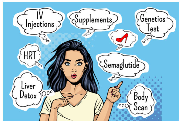 New Client - how it works showing woman with questions in bubbles all around her with health treatments to choose from at Kaufman Health and Hormone Center